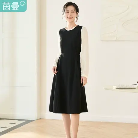 茵曼2023春女装新款法式赫本风撞色拼接立领宽松腰带收腰连衣裙图片