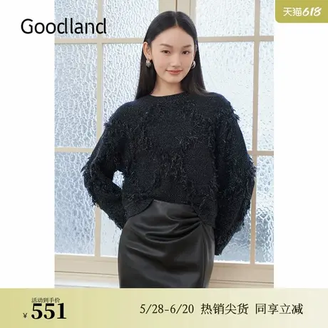 Goodland美地女装2024冬季新款时尚立体剪花羊毛混纺针织衫套头商品大图
