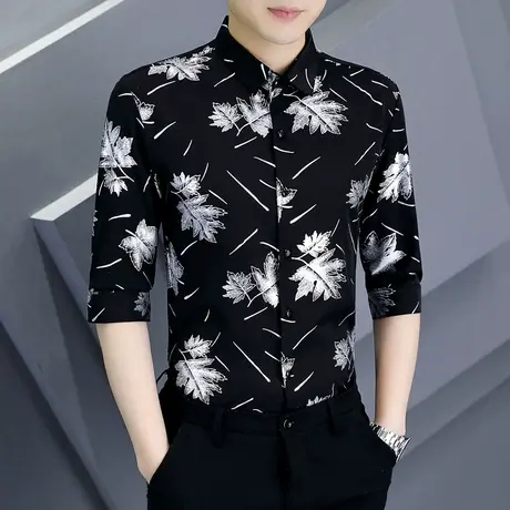 痞帅时尚印花衬衫男士潮牌短袖烫金七分中袖夏装ins半袖垂感衬衣图片
