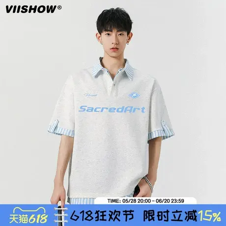 VIISHOW潮牌撞色格子POLO领短袖T恤男女复古学院风情侣百搭上衣商品大图