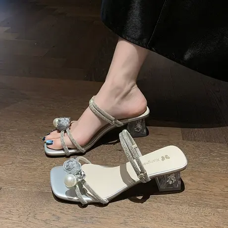 绝美气质凉拖鞋女2025夏季新款配裙子水晶粗跟拖鞋仙女风百搭凉鞋商品大图