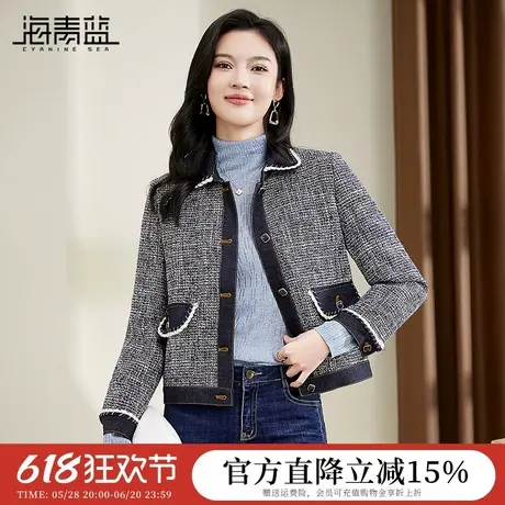 海青蓝高级感小香风牛仔拼接外套2024春装新款复古港味千鸟格上衣图片
