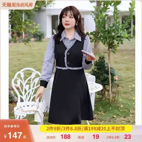 2023年秋装新款气质翻领收腰显瘦胖MM大码假两件套连衣裙拼接衬衫商品大图