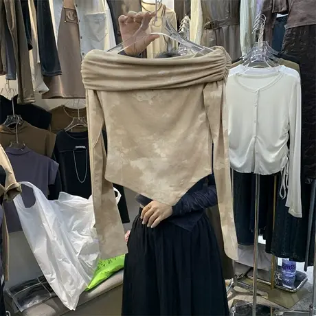 辣妹风小众露肩性感长袖短款T恤2023初秋上新韩版修身设计感上衣商品大图
