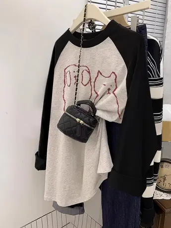 秋季闺蜜装长袖T恤女美式设计感胖mm显瘦大码ins插肩袖打底衫上衣商品大图