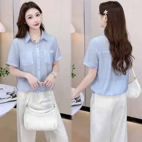 拉夏贝尔2025夏装气质百搭抽绳小衫女polo领短袖单排扣时尚衬衫图片