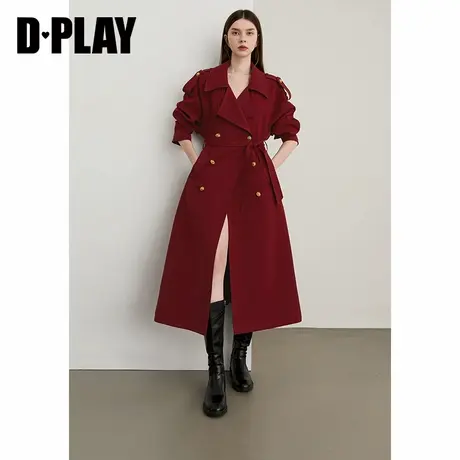 DPLAY2025年秋季新款红色风衣外套女独特气质上档次长款翻领大衣商品大图