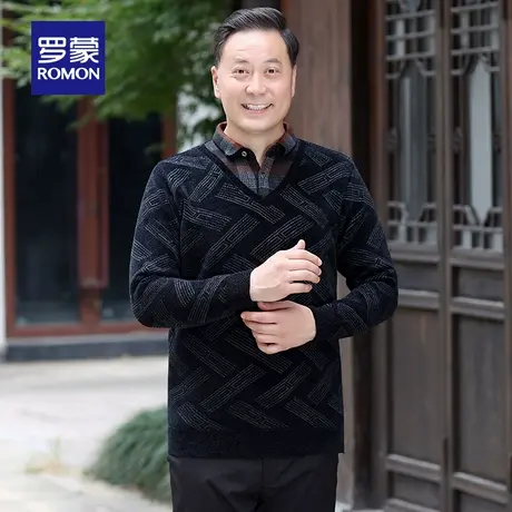 【加绒保暖】罗蒙男士加厚针织衫2025秋冬V领假两件舒适休闲毛衣图片