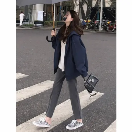 2025秋冬新款外套连帽卫衣女秋季藏蓝色爆款开衫加绒加厚宽松上衣商品大图