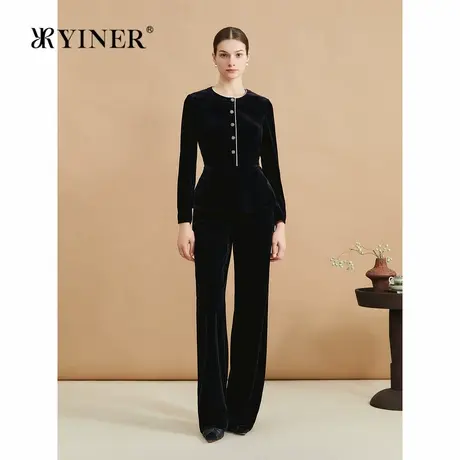 YINER音儿专选2024冬季新款法式优雅纽扣装饰小蛮腰丝绒衬衫上衣图片