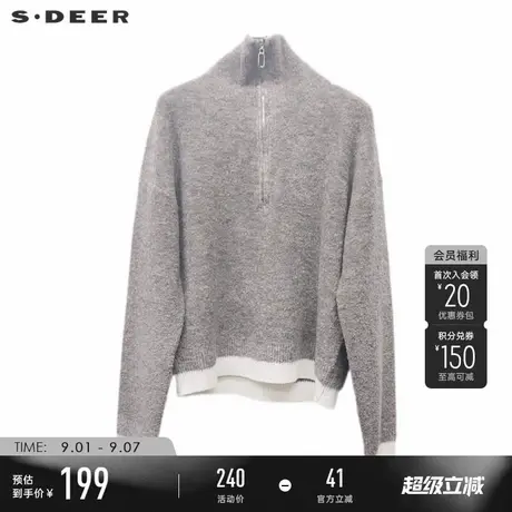 sdeer圣迪奥女装个性高领拉链撞色宽松针织衫S234Z35A7商品大图
