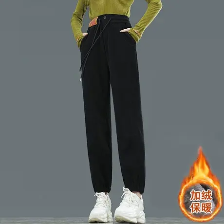 灯芯绒卫裤女秋冬小个子高腰哈伦裤2023新款加绒加厚束脚休闲裤子商品大图