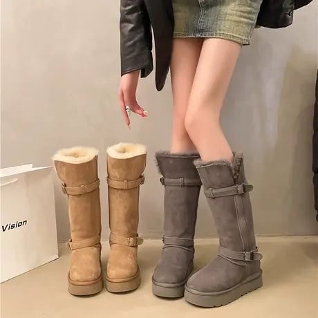 厚底加绒雪地靴女2025年秋季新款保暖不过膝长靴两穿毛茸茸骑士靴商品大图