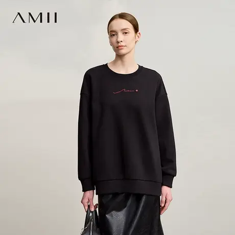 Amii2025冬新款宽松中长弹力不倒绒套头撞色刺绣钉钻饰套头卫衣商品大图