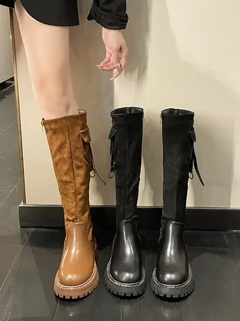 小个子粗腿显瘦棕色厚底靴子女长筒靴2023新款秋季粗跟复古骑士靴商品大图