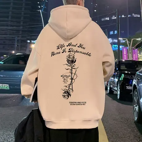 美式复古纯棉玫瑰印花连帽卫衣男秋冬季新款大码宽松潮牌帽衫外套商品大图