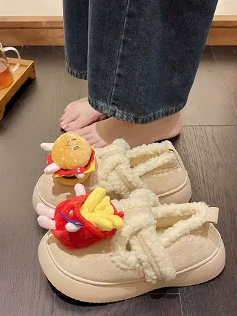 汉堡薯条棉拖鞋女款冬季2023新款学生宿舍大码厚底包头毛毛半拖鞋图片