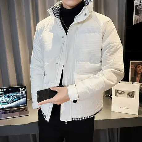 高级感工装格子棉衣潮男冬季2023新款简约拼接假两件冬装棉袄外套图片