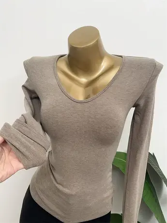 好穿！美拉德~柔软薄绒V领长袖T恤显瘦上衣打底衫纯色内搭秋冬女商品大图