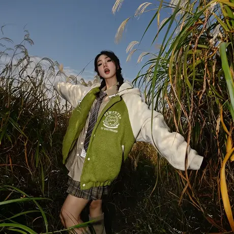 复古拼接羊羔毛棉服女夹棉冬季连帽外套2023新款棉袄潮牌宽松棉衣商品大图