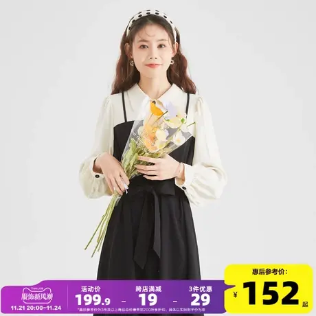 唐狮拼接假两件连衣裙2022春夏新款女长袖收腰显瘦衬衫裙小黑裙子图片