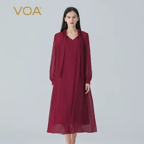 VOA桑蚕丝乔其酒红V领木耳边衬衫袖飘带装饰内搭吊带真丝连衣裙图片