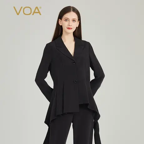 VOA30姆米重磅桑蚕丝黑色西装领长袖两粒扣飘带宽松真丝西装外套图片