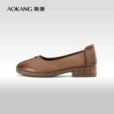 奥康女鞋 春季气质优雅真皮柔软一脚蹬妈妈单鞋日常舒适复古平底图片