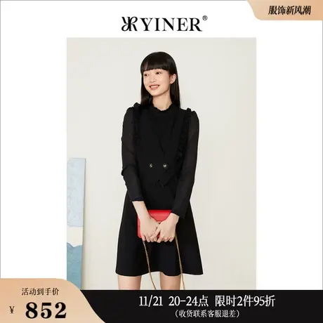 Goodland美地女装秋季优雅荷叶边假两件设计感针织连衣裙图片