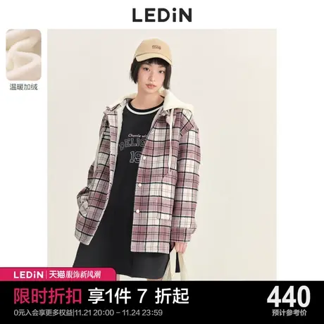 乐町格纹毛呢大衣女休闲秋冬新款甜美衬衫加绒厚外套图片