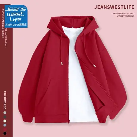 真维斯LIFE酒红色外套女2024新款爆款秋季小个子薄款宽松开衫卫衣商品大图