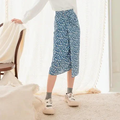 桔熊春秋季韩版碎花抓皱开衩一步修身中长裙子女胖妹妹大码CA2480图片