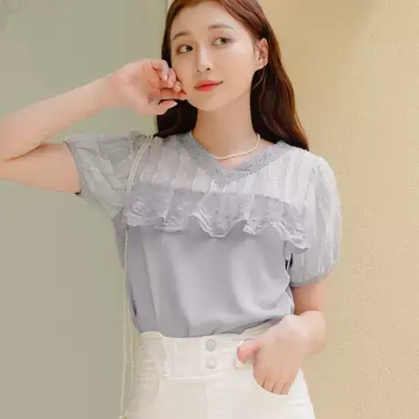 桔熊夏季韩版温柔风凉爽蕾丝泡泡袖拼接雪纺衫上衣女大码AB16883图片
