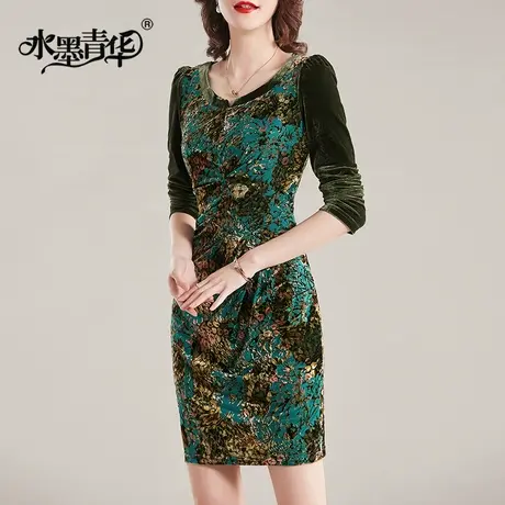 【1件7.9折】女装冬装新款皱褶修身雕花丝绒连衣裙时尚百搭一步裙商品大图