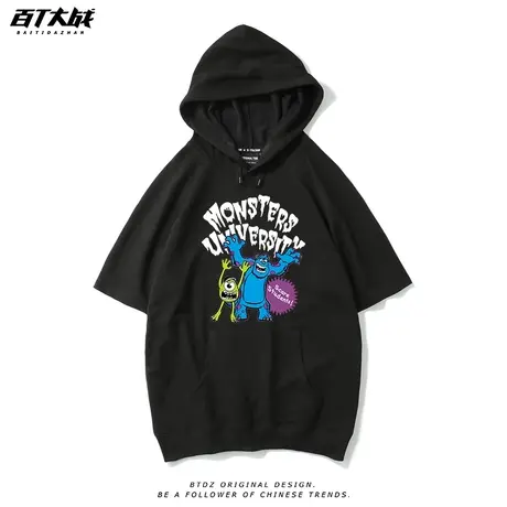 连帽短袖T恤美式高街怪兽大学印花潮牌运动洋气学生百搭半袖t恤商品大图