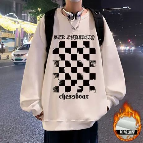 加厚加绒卫衣男春秋季新款美式高街宽松男装内搭圆领套头打底衫潮图片