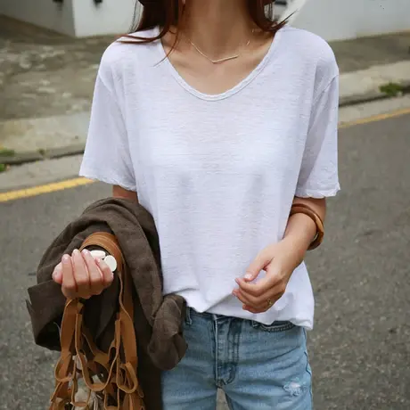 纯诗曼2017夏白色t恤女宽松显瘦韩版学生百搭短袖打底衫休闲上衣商品大图
