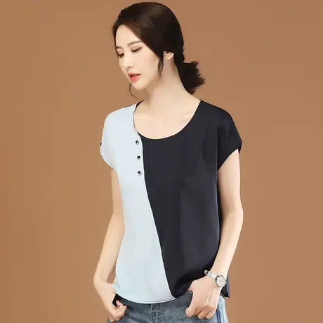 韩潮袭人别致漂亮雪纺衫短袖女2023夏季新款圆领拼接撞色短袖T恤商品大图
