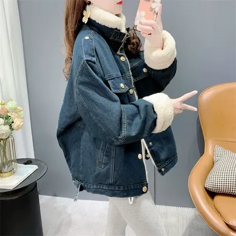 高级感加绒加厚牛仔外套女2023年新款冬季宽松慵懒风休闲洋气上衣商品大图