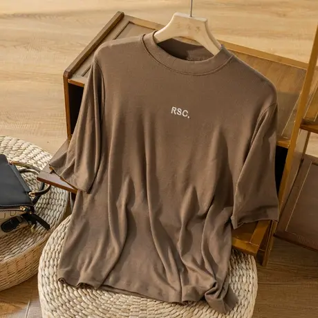 棉质中袖T恤纯色宽松休闲上衣文艺复古百搭打底衫女2022秋季新款商品大图