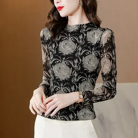 网纱印花T恤女春秋2024新款漂亮气质上衣加绒半高领打底衫女长袖商品大图