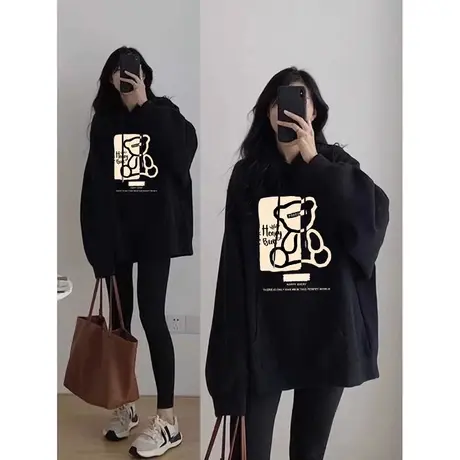 秋冬新款2024加绒加厚连帽卫衣女宽松韩版包臂中长款情侣外套休闲图片