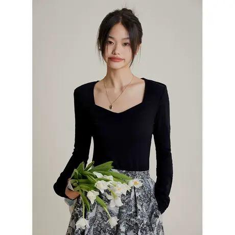 弥古黑色方领长袖t恤女春秋法式锁骨修身内搭针织上衣低领打底衫商品大图