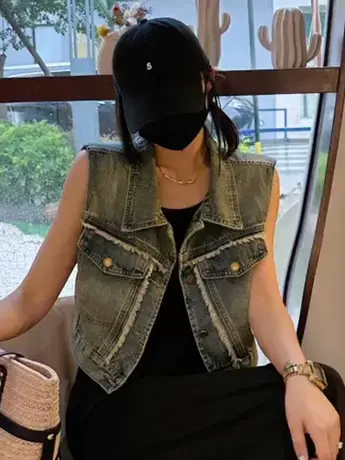 港风复古设计感短款牛仔马甲夏款小众坎肩百搭减龄翻领修身上衣女商品大图