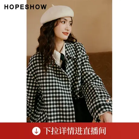 【直播专享】冬季亮丝格纹斜门襟翻领双面呢大衣90122450803红袖商品大图