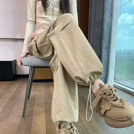 美式抽绳束脚阔腿工装裤女2023春秋新款高腰降落伞裤子休闲运动裤商品大图