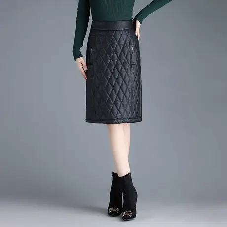 加厚加棉包臀半身裙女冬季2023新款高腰通勤中裙显瘦皮裙一步裙子图片