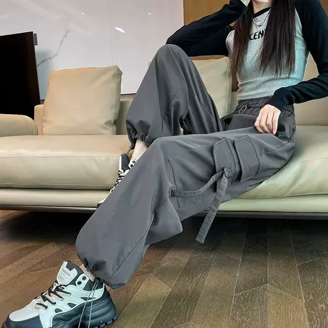 灰色工装裤女春秋2023新款高腰显瘦直筒阔腿美式休闲束脚运动裤子图片