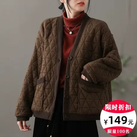 dza宽松V领短款棉袄外套女士2022冬新款复古棉衣休闲加厚棉服上衣图片