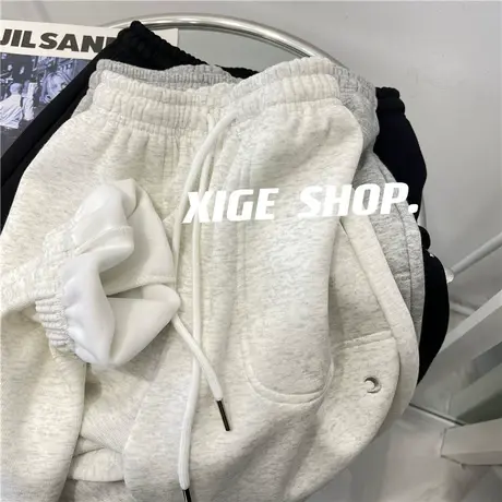 灰色美式复古休闲运动裤女复合加绒厚实保暖百搭束脚卫裤九分裤冬商品大图